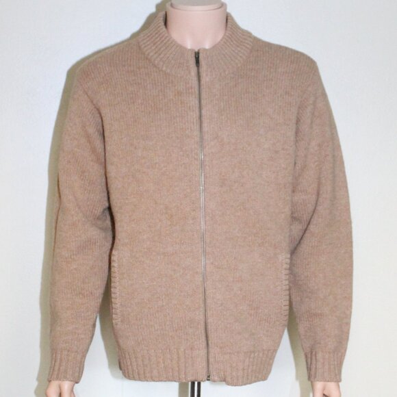 Vintage 80s L.L. Bean Tan Shetland Wool Full Zip Sweater Pockets Men's L Reg - Picture 1 of 7